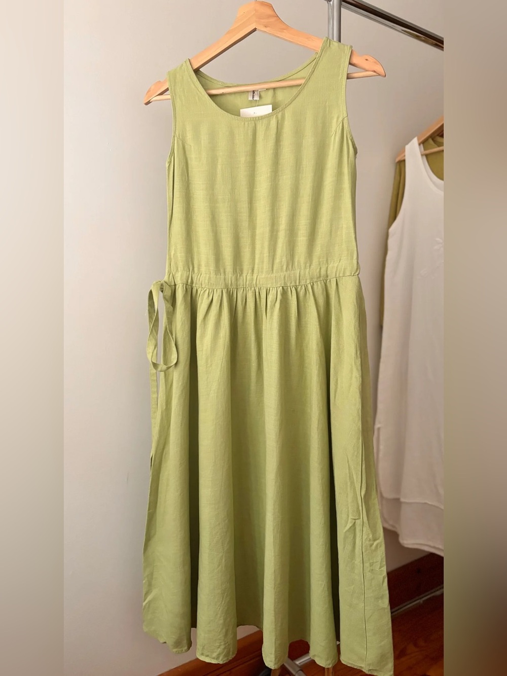 Y2K Green Linen Midi Dress with Tie